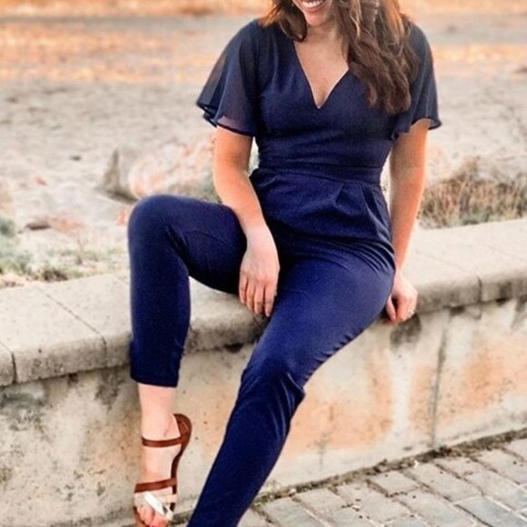 SHEIN Pants & Jumpsuits | Shein Navy Blue V Neck Flutter Sleeve Pantsuit | Poshmark